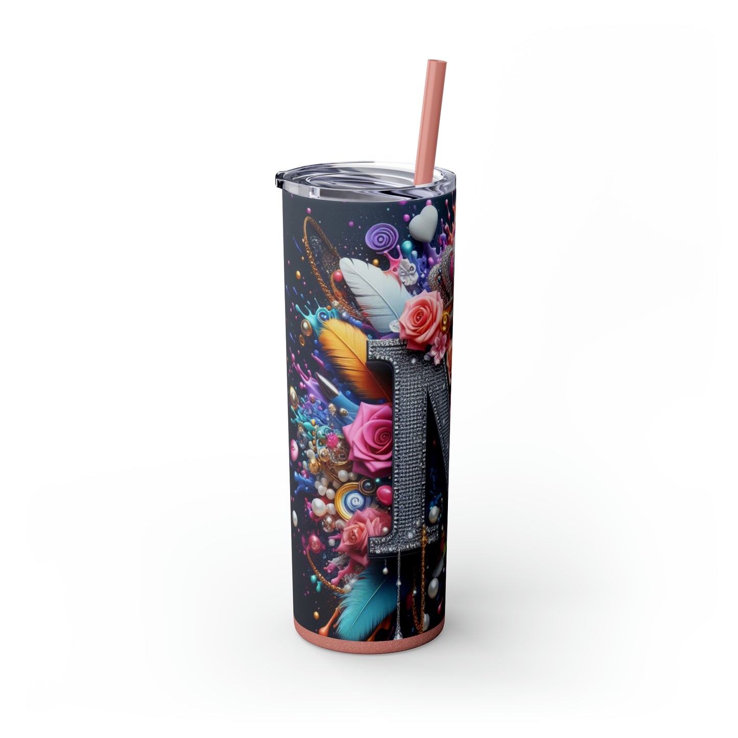 "M" Bling Skinny Tumbler with Straw, 20oz