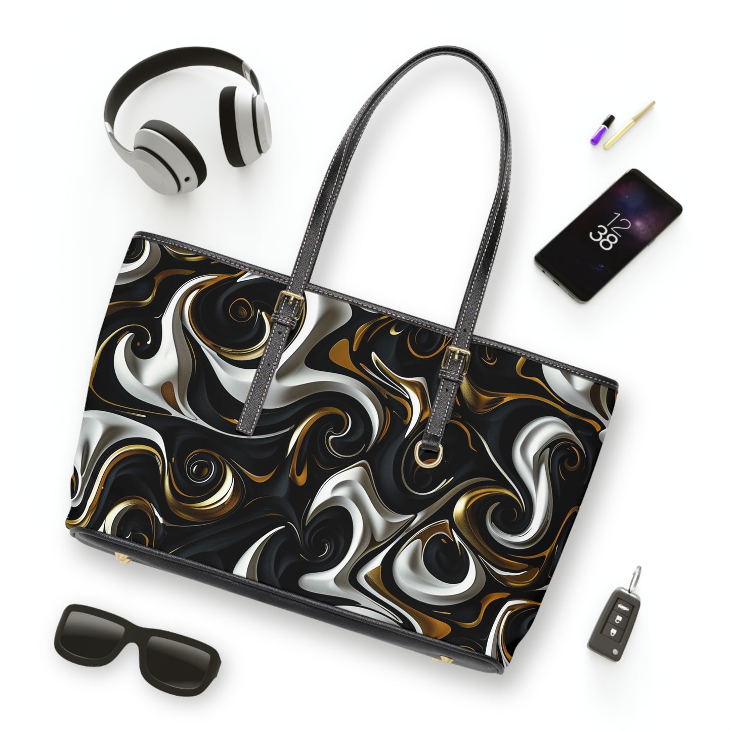 Black and Gold Swirl PU Leather Shoulder Bag