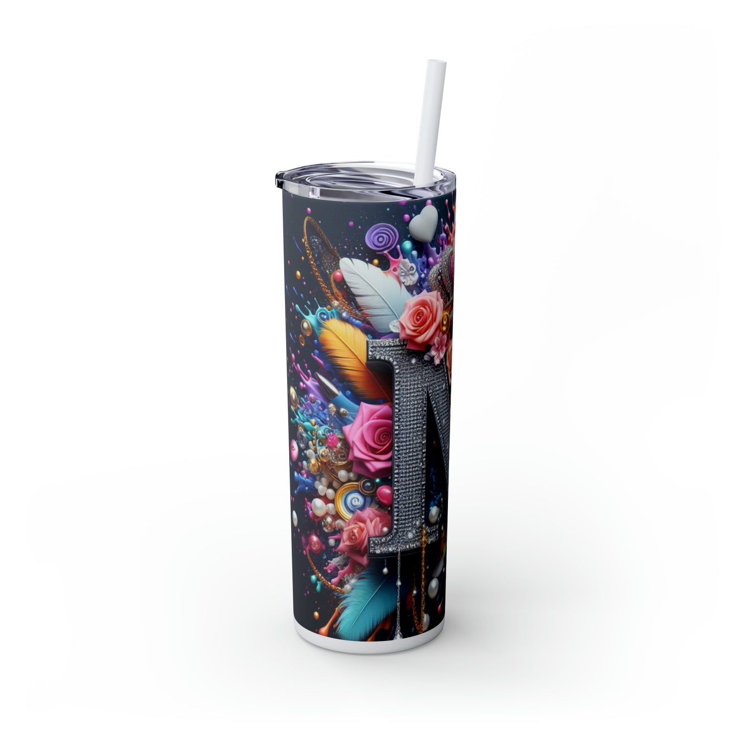 "M" Bling Skinny Tumbler with Straw, 20oz